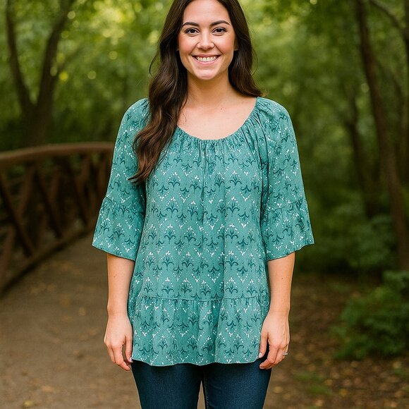 Style & Co 2X Green & Blue Floral 3/4 Bell Sleeve Ruffle Hem Peasant Boho Blouse - Picture 1 of 10